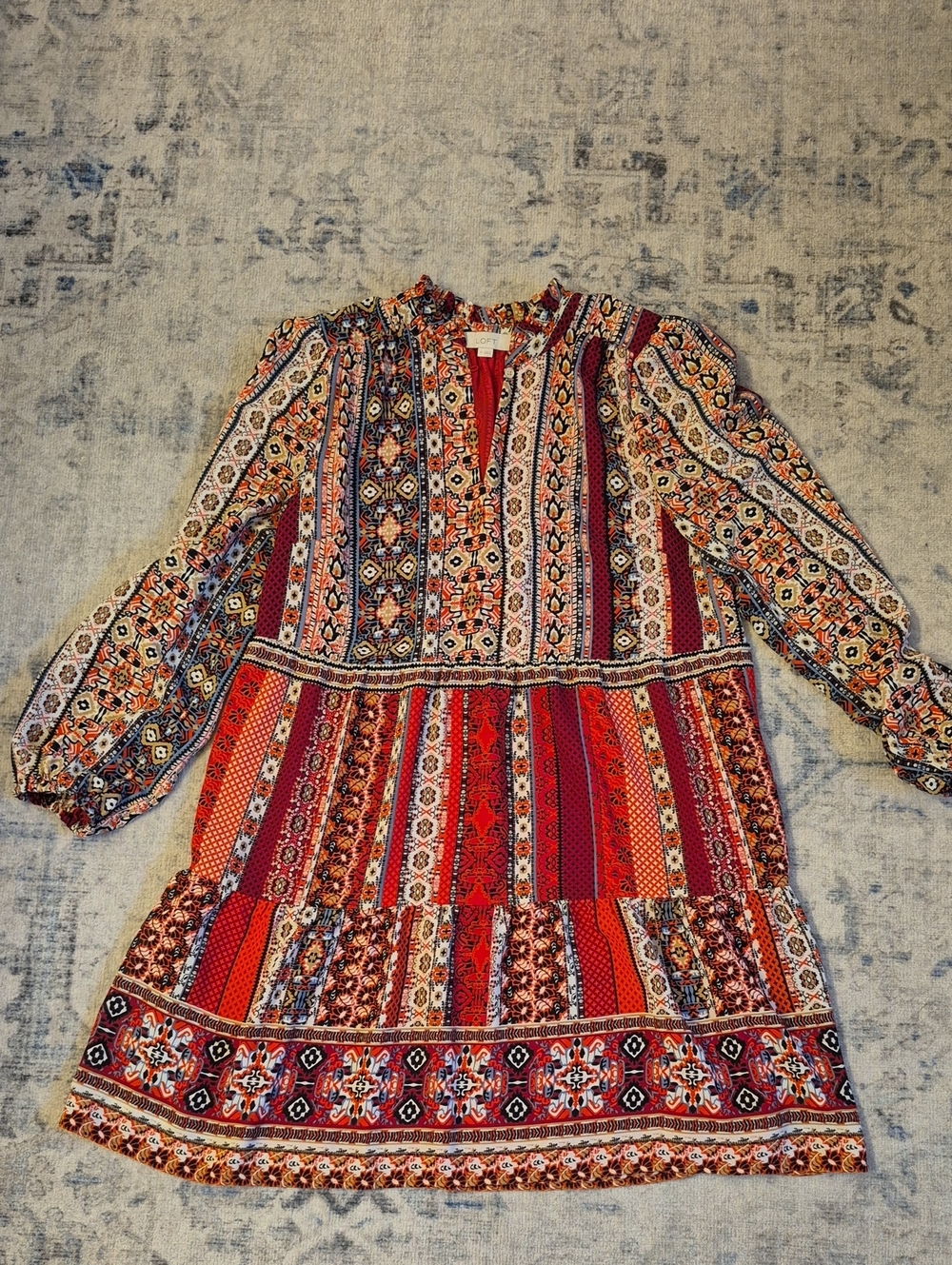 Like New LOFT Red Multi-Print Boho Long-Sleeve Dress - M